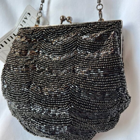 Carlo Fellini Black Formal Evening Bag Detailed Beadwork Clutch w  Chain NWT - Picture 2 of 12